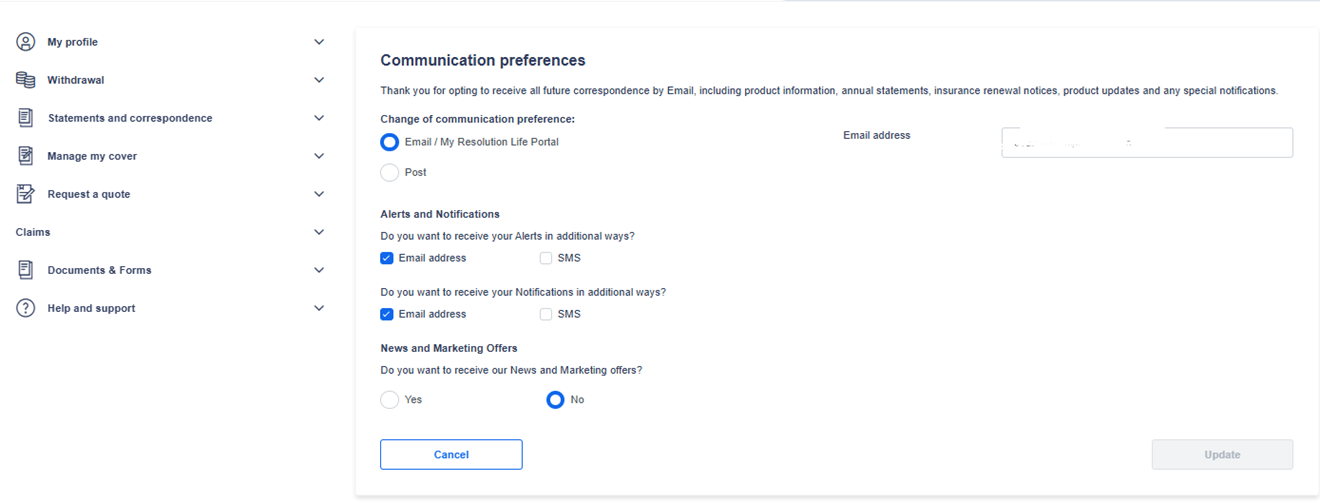 Screenshot of Communication preferences