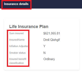 screenshot of insurance details button located top left screen